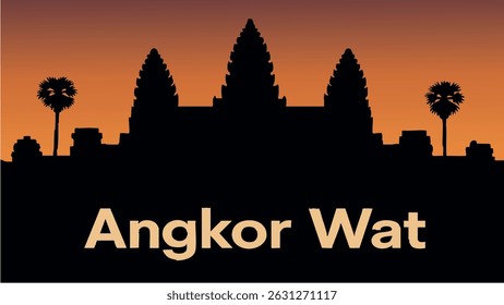 This vector illustration of Angkor Wat features the majestic temple silhouette against the glowing colors of a sunset sky.
