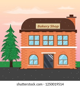 this is a vector illustration of a bakery with an atmosphere of snowfall