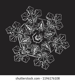 This vector illustration based on macro photo of real snowflake: elegant snow crystal of star plate type with complex inner details, fine hexagonal symmetry and short, ornate arms with side branches.