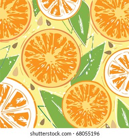 This is a vector illustration of a beautiful pattern of orange slices, seeds, and leaves.