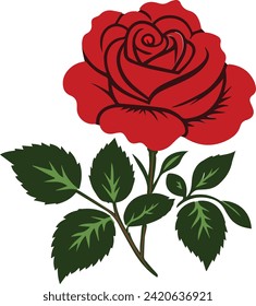 Das ist eine Vektorgrafik einer schönen roten Rose mit Blättern. Die Rose hat eine große, offene Blüte mit vielen Blütenblättern und einem gelben Zentrum. 
