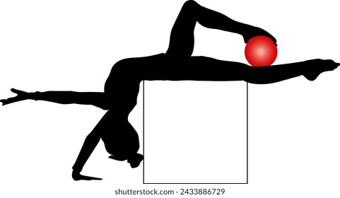 Esta es una ilustración vectorial de una silueta negra de una niña que practica gimnasia artística con una bola roja sobre un fondo blanco. La niña es representada en una pose elegante, de puntillas con usted