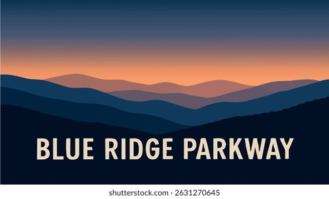 This vector illustration of the Blue Ridge Mountains at sunrise captures the breathtaking beauty of misty valleys and towering peaks. 