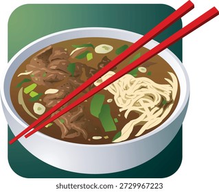 Esta é uma ilustração vetorial de uma tigela de sopa de macarrão, inspirada no vietnamita pho bo ou sopa de macarrão taiwanesa. O prato apresenta fatias macias de frango, macarrão branco, um caldo escuro rico e guarnições verdes frescas, servidas com um par de pauzinhos vermelhos descansando na tigela. Ele captura a essência de uma sopa de macarrão asiático tradicional e saborosa.