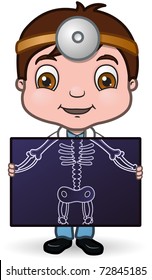 This is a vector illustration of a boy dressed as a doctor holding an xray.