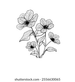 This vector illustration captures the delicate beauty of Snowdrop flowers, both large and small, in a minimalist style inspired by Shilluti art. The flowers are intricately drawn with fine linework, h