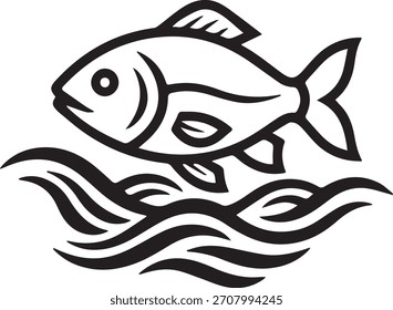 Esta Ilustración vectorial captura el movimiento elegante de un pez nadando a través de ondas monocromáticas estilizadas, combinando simplicidad con elegancia. El diseño se basa en contrastes llamativos de blanco y negro, w