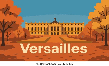 This vector illustration captures the grandeur of the Versailles Palace and its beautiful gardens bathed in the warm hues of autumn, showcasing the elegance of French royal architecture