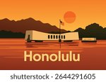 This vector illustration captures the solemn and peaceful atmosphere of the USS Arizona Memorial at Pearl Harbor, Hawaii, a place dedicated to those lost during the Japanese attack on December 7, 1941