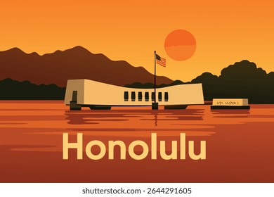 This vector illustration captures the solemn and peaceful atmosphere of the USS Arizona Memorial at Pearl Harbor, Hawaii, a place dedicated to those lost during the Japanese attack on December 7, 1941