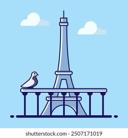 This vector illustration captures a stylized, minimalist depiction of Paris, highlighting the iconic Eiffel Tower with a pigeon perched on a nearby structure.