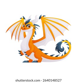 This is a vector illustration of a cartoon dragon. The dragon is orange with white wings, white belly and white horns. It looks very friendly and happy.