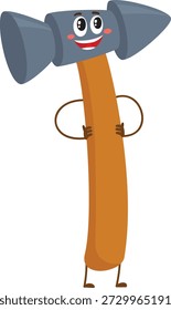 Dies ist eine Vektorgrafik eines Cartoon-Hammercharakters mit einem großen, doppelköpfigen grauen Hammer mit Holzgriff. Der Hammer hat ein lächelndes Gesicht und animierte Arme, was ihm ein freundliches und verspieltes Aussehen verleiht. Das Design eignet sich ideal für die Verwendung in Medien, Postern, Lehrmaterialien oder Grafiken zum Thema Konstruktion.
