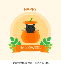 This is a vector illustration of a cat in a pumpkin on a light background. Flat style. Could be used for flyers, postcards, banners, holidays, etc.