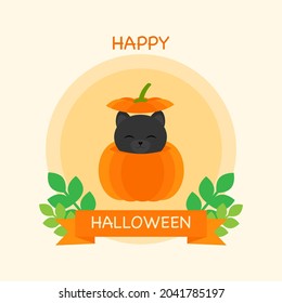 This is a vector illustration of a cat in a pumpkin on a light background. Flat style. Could be used for flyers, postcards, banners, holidays, etc.