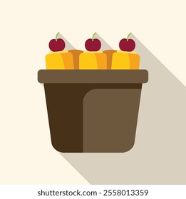 This vector illustration of cherry topped desserts inside a take away box is perfect for projects related to food service