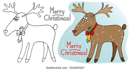 This is a vector illustration of a Christmas reindeer with a Christmas greeting on a white and blue gradient background with snowflakes in a doodle style.