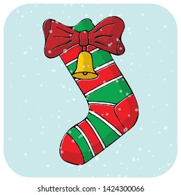 This is a vector illustration of a Christmas sock with a red bant and a bell, on a white and blue background with snowflakes in a retro cartoon style.