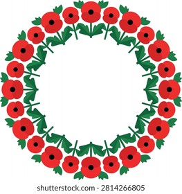 This is a vector illustration of a circular wreath composed of red poppy flowers and green leaves, set against a white background. The