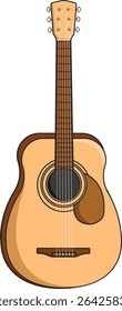 This is a vector illustration of a classic acoustic guitar. The guitar features six strings and a light brown wooden body, with a darker brown pickguard located below the sound hole.