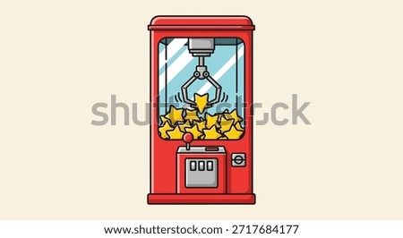 This is a vector illustration of a claw machine filled with stars. It captures the essence of retro gaming and the thrill of winning prizes. The design is clean and colorful, making it suitable for