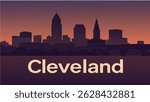 This vector illustration of Cleveland showcases the city skyline at sunset, with stunning views of the lakefront and the iconic Rock and Roll Hall of Fame.