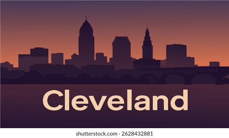 Esta Ilustración vectorial de Cleveland muestra el horizonte de la ciudad al atardecer, con impresionantes vistas de la orilla del lago y el icónico Salón de la Fama del Rock y el Roll.