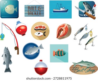 Esta colección de Ilustración vectorial cuenta con una variedad de Elementos relacionados con la pesca, incluyendo cañas, señuelos, bobbers, peces, un bote de pesca y carteles que dicen "Cebo y aparejos" y "Tienda de cebo". Es ideal para la marca de tiendas de pesca, diseños de deportes al aire libre, señalización, carteles y proyectos de temática marina.