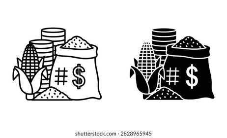 This vector illustration combines elements of agriculture and finance featuring corn stacks of coins and a money bag labeled with a hash and dollar sign. Available in outline and solid silhouette styles this graphic represents agricultural economics crop yields commodity trading farming profits or the financial value of agricultural products.