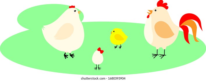This vector illustration contains: chicken, rooster, egg and chick 
