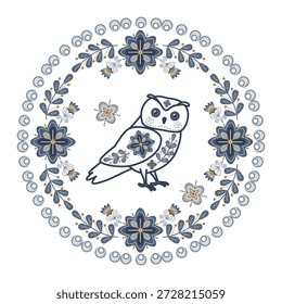 Este folclore de contorno de Ilustración vectorial presenta un búho detallado adornado con patrones florales, bordeado por intrincadas flores y hojas. Perfecto para proyectos de diseño que requieren un toque artístico y caprichoso.