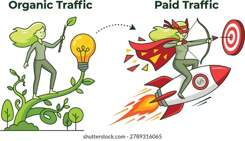This vector illustration contrasts organic growth with rapid paid campaigns. Ideal for marketing strategy discussions and digital advertising concepts.