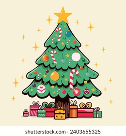 Esta ilustración vectorial crea un ánimo festivo con un árbol de Navidad decorado. El árbol tiene muchos adornos coloridos, como estrellas, bastones, bolas y cintas.