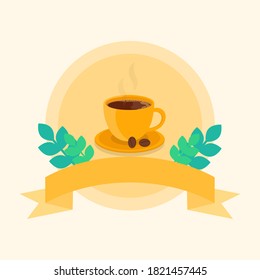 This is a vector illustration of a cup a hot coffee on a light background. Flat style. Could be used for flyers, postcards, banners, holidays, etc.