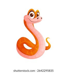 This is a vector illustration of a cute cartoon snake character with orange and pink colors. The snake is smiling and has big eyes, perfect for childrens illustration.