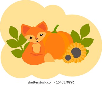 This is vector illustration. Cute fox, pumpkin and sunflower. Fox flat style.
