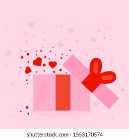 This is vector illustration. Cute gift box and hearts on pink background.