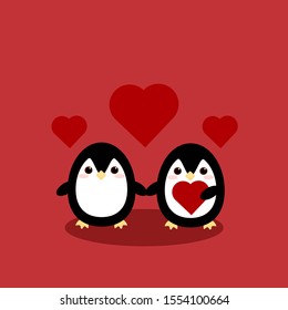 This is vector illustration. Cute penguins and heart on red background.