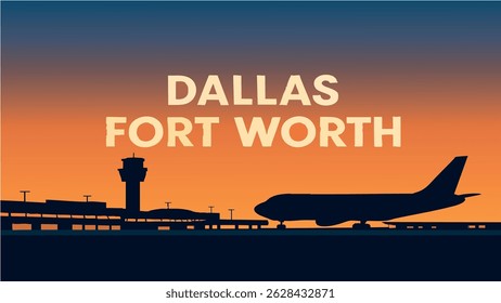 Esta ilustração vetorial de Dallas Fort Worth destaca o deslumbrante horizonte com seus marcos icônicos e edifícios modernos.