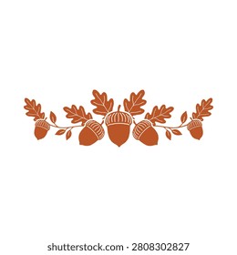 This is a vector illustration depicting acorns with oak leaves, rendered in terracotta tones against a white background.
