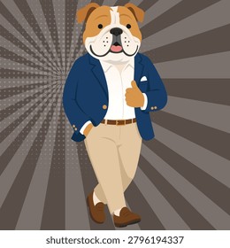 This is a vector illustration depicting an anthropomorphic bulldog dressed in a suit tie and brown shoes. The dog is giving a thumbs-up gesture against a radial halftone background.