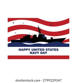 This is a vector illustration depicting a black silhouette of a navy ship against a wavy American flag background.