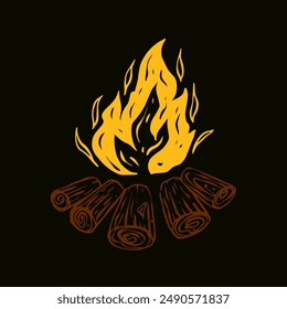 This is a vector illustration depicting a burning campfire with logs and yellow flames on a dark background