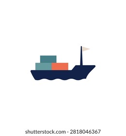 This is a vector illustration depicting a cargo ship with stacked containers in shades of blue and orange. The ship has a dark blue hull and a white flag, set against a white