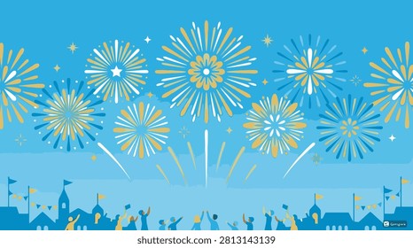 This is a vector illustration depicting a fireworks display over a silhouetted cityscape, with figures celebrating below. The artwork uses a flat design style.