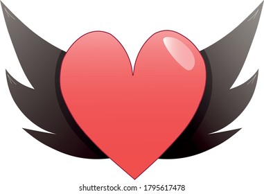 This is a vector illustration depicting a heart with black wings