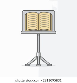 This is a vector illustration depicting a music stand holding an open book of sheet music. The stand has a tripod base and adjustable height. The book is shown with visible page lines, set against a light gray background.