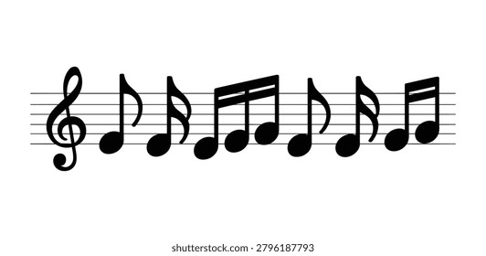 This is a vector illustration depicting musical notes and a treble clef on a white background featuring standard musical notation