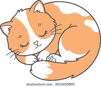 This is a vector illustration depicting an orange and white cat curled up in a sleeping position, featuring a black outline and transparent