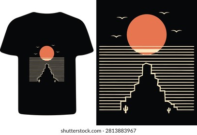 This is a vector illustration depicting a pyramid, cactus, and sunset, featuring a geometric design and warm color palette.